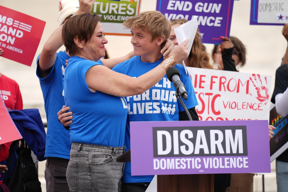 A mother and son, victims of domestic violence spoke out in support to uphold the law denying domestic violence perpetrators from legally possessing firearms.